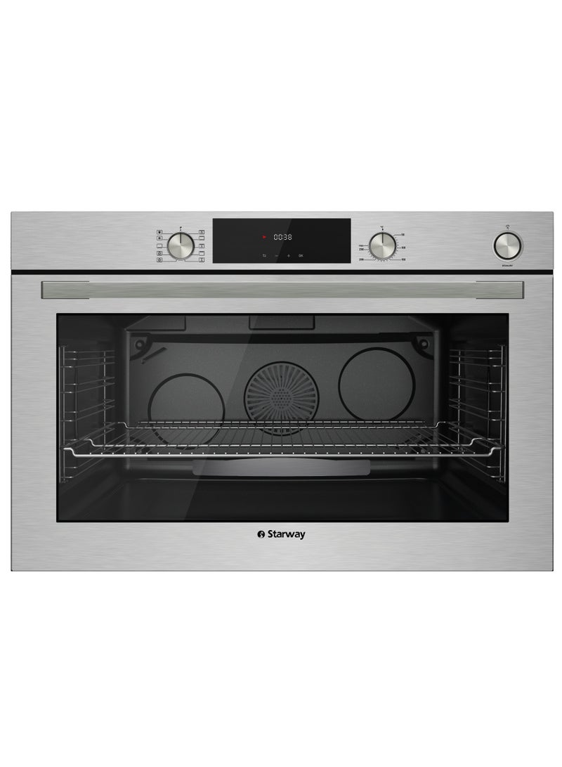 ستارواي فرن كهربائي مدمج من ستارواي، سعة 132 لتر، أبعاده 60 × 90 سم، مزود بخاصية الطهي بالبخار، ومروحة توربو، و10 وظائف، وباب فرن ثلاثي الطبقات، لون فضي. - Image 1